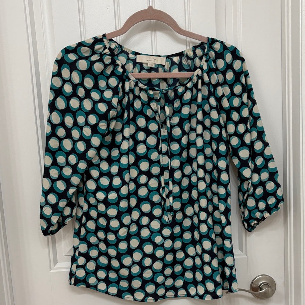 LOFT Women's Teal and White Polka Dot Blouse